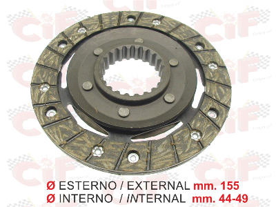 Disco frizione per Ø esterno mm. 155,Ø interno 44 - 49 mm per APE TMP 703 / 703V DIESEL 420 (’87 ‘01) - APE CAR MAX DIESEL 420 (’86-’96) - POKER BENZINA E DIESEL 420 (’93-’97)