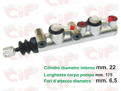 Pompa freno a doppia mandata,cilindro interno Ø mm. 22 lunghezza 175mm,fori fissaggio Ø mm.6 per APE CAR - CAR P3