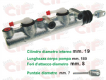 Pompa freno Doppia Mandata,Ø Interno cilindro 19 mm,lunghezza corpo pompa 180 mm,puntale Ø 7 mm,fori fissaggio Ø 8mm per APE POKER (benzina e diesel) dal 1983