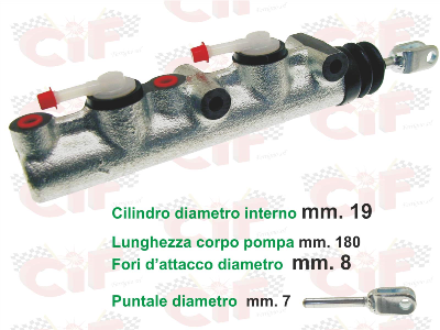 Pompa freno Doppia Mandata,Ø Interno cilindro 19 mm,lunghezza corpo pompa 180 mm,puntale Ø 7 mm,fori fissaggio Ø 8mm per APE POKER (benzina e diesel) dal 1983