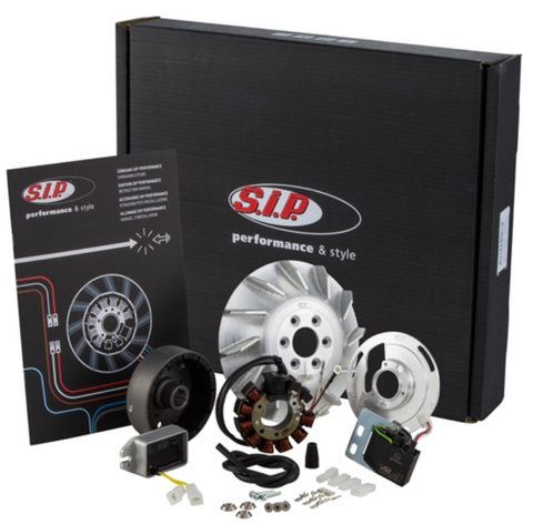 Accensione elettronica SIP PERFORMANCE by VAPE, SPORT, per kit cilindro BFA 306cc Vespa 125 GTR, TS, 150 Sprint Veloce, 200 Rally, PX, PE, Lusso, Cosa, volano ca.: 1660g in alluminio CNC, 9 bobine, 12 magneti, 12V, AC 110 watt, anticipo variabile