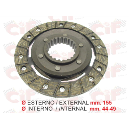 Disco frizione per   esterno mm. 155,  interno 44 - 49 mm per APE TMP 703 / 703V DIESEL 420 ( 87  01) - APE CAR MAX DIESEL 420 ( 86- 96) - POKER BENZINA E DIESEL 420 ( 93- 97)