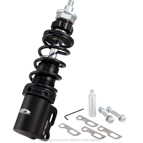 Ammortizzatore SIP PERFORMANCE 2.0 anteriore per Vespa PK 50-125 XL, corpo: nero OPACO, molla: nera, precarico molla regolabile, alluminio, l=185 mm