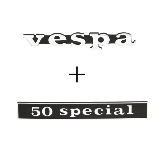 TARGHETTA SCRITTA STEMMA ANTERIORE POSTERIORE VESPA 50 SPECIAL FREGIO ALLUMINIO