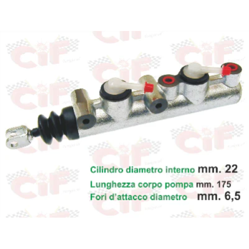 Pompa freno a doppia mandata,cilindro interno   mm. 22 lunghezza 175mm,fori fissaggio   mm.6 per APE CAR - CAR P3